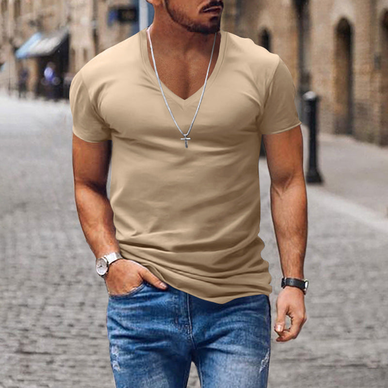 Men's T-shirt V-neck solid color slim fit casual