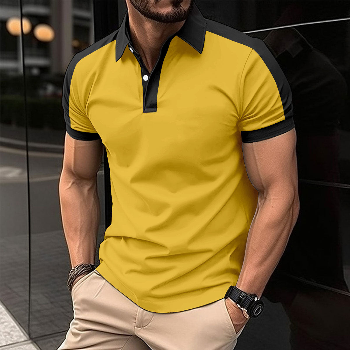 Casual polo shirt fashionable lapel button business color blocked versatile T-shirt top