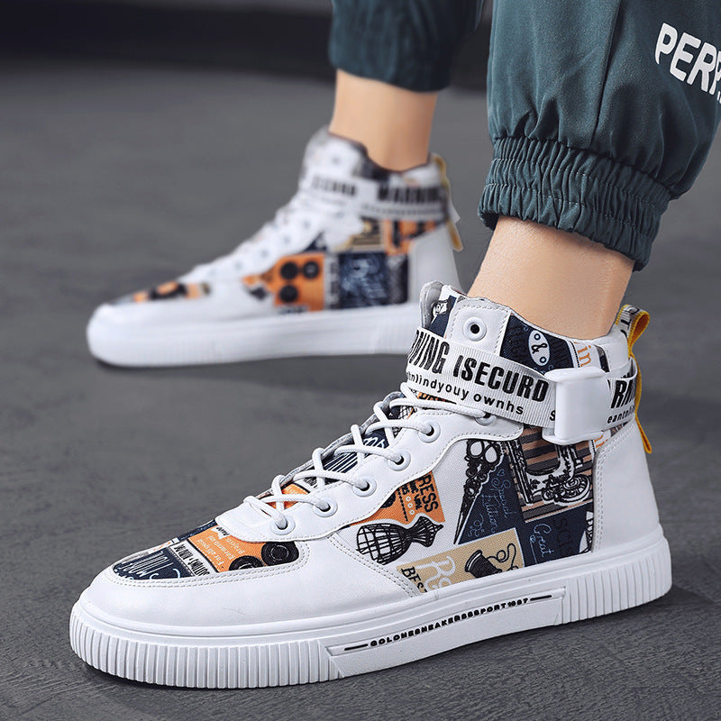 Spring men's trendy shoes, new black high top shoes for teenagers