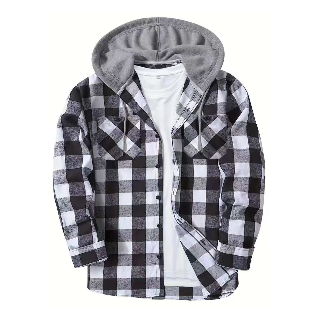 European grid hooded inch shirt hooded shirt men's casual shirt