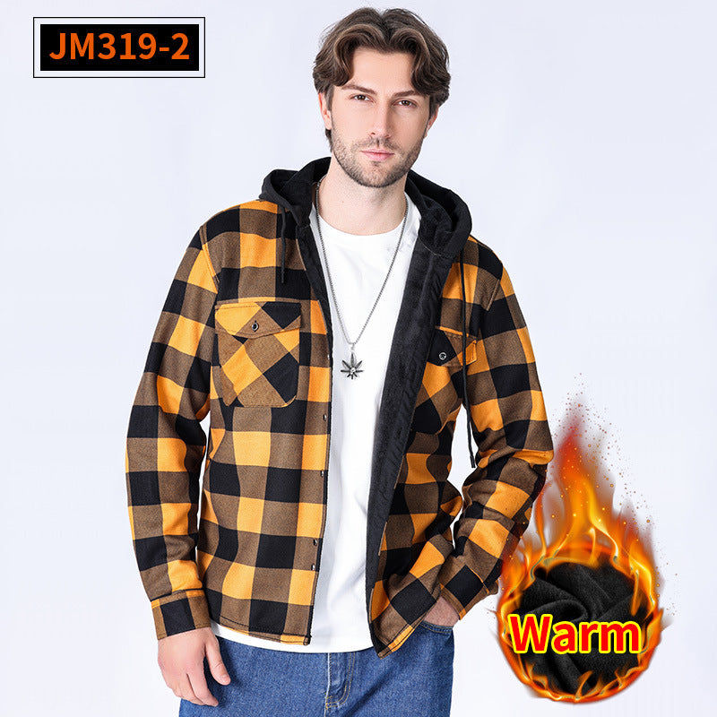 Casual fleece hooded checkered shirt for men