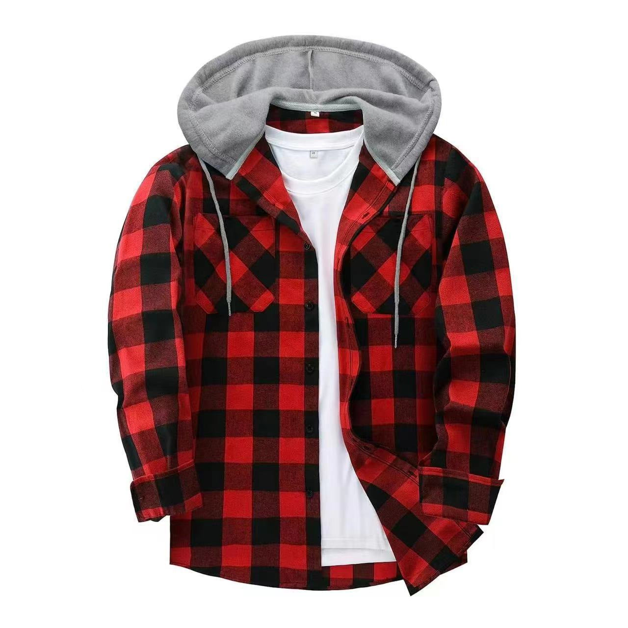 European grid hooded inch shirt hooded shirt men's casual shirt