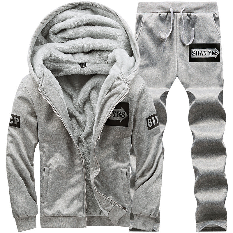 Men's winter fleece thick hoodie men's autumn and winter warm clothes pants set