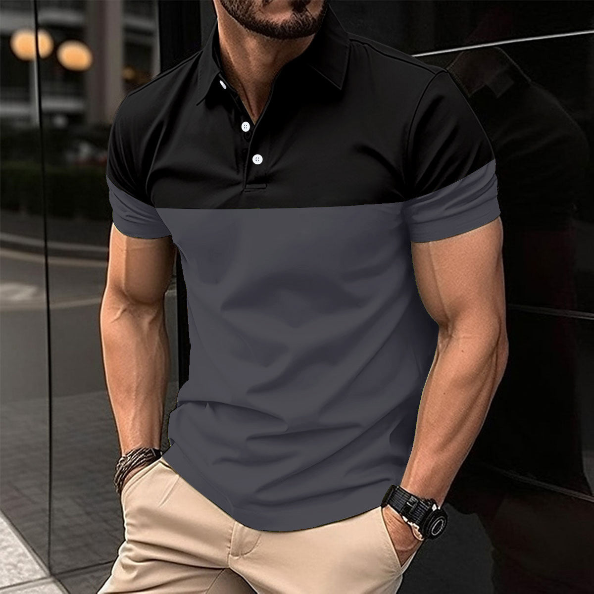 Men's casual polo shirt fashionable lapel button business color blocked versatile T-shirt top