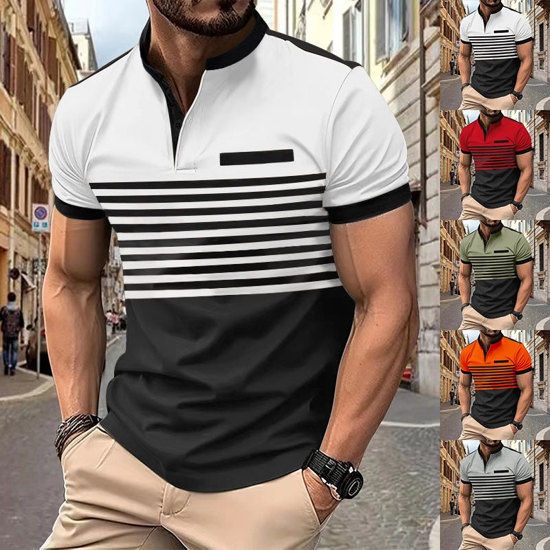 European and American polo shirt men's printed striped polo shirt short sleeved t-shirt