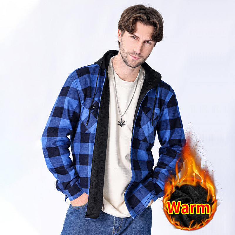 Casual fleece hooded checkered shirt for men