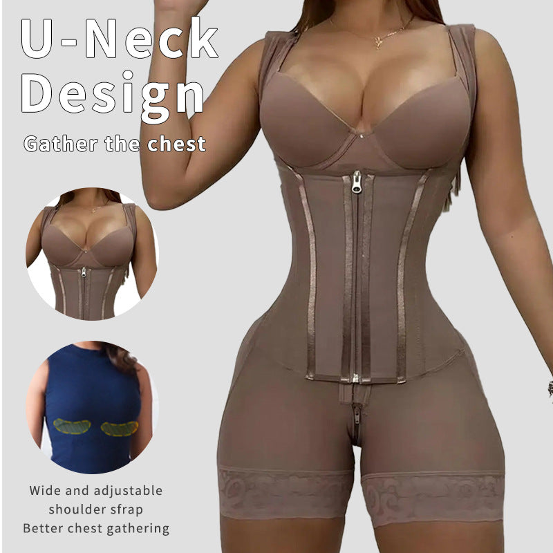 Plus waist cinching shapewear with reinforced double-layer abdominal shaping and hip lifting zipper opening one-piece corset