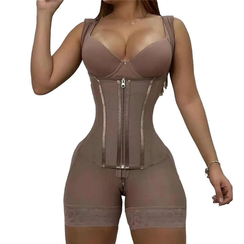 Plus waist cinching shapewear with reinforced double-layer abdominal shaping and hip lifting zipper opening one-piece corset