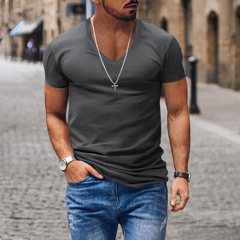 Men's T-shirt V-neck solid color slim fit casual