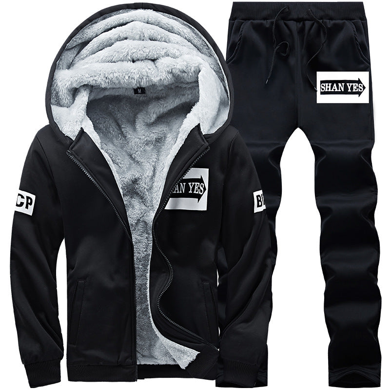 Men's winter fleece thick hoodie men's autumn and winter warm clothes pants set