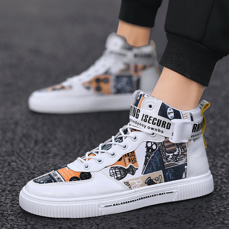 Spring men's trendy shoes, new black high top shoes for teenagers