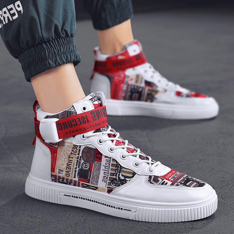 Spring men's trendy shoes, new black high top shoes for teenagers