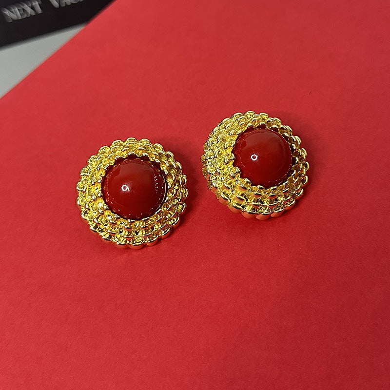 Three-dimensional round button red earrings   for women