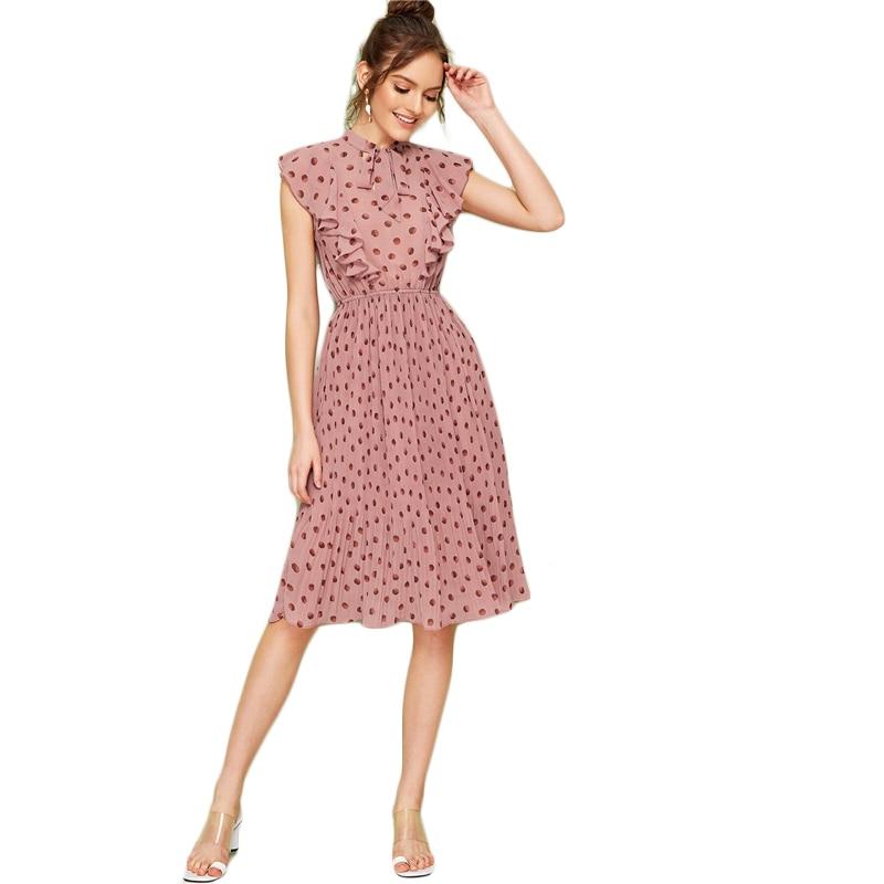 Pink Tie Neck Ruffle Trim Dot Pleated Fit and Flare Empire Dresses