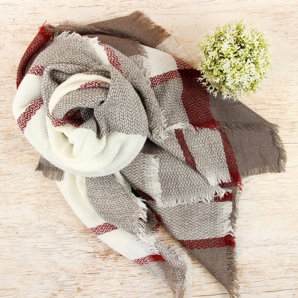 Hdf2211 - Gray Burgundy Blanket Fringe Scarf