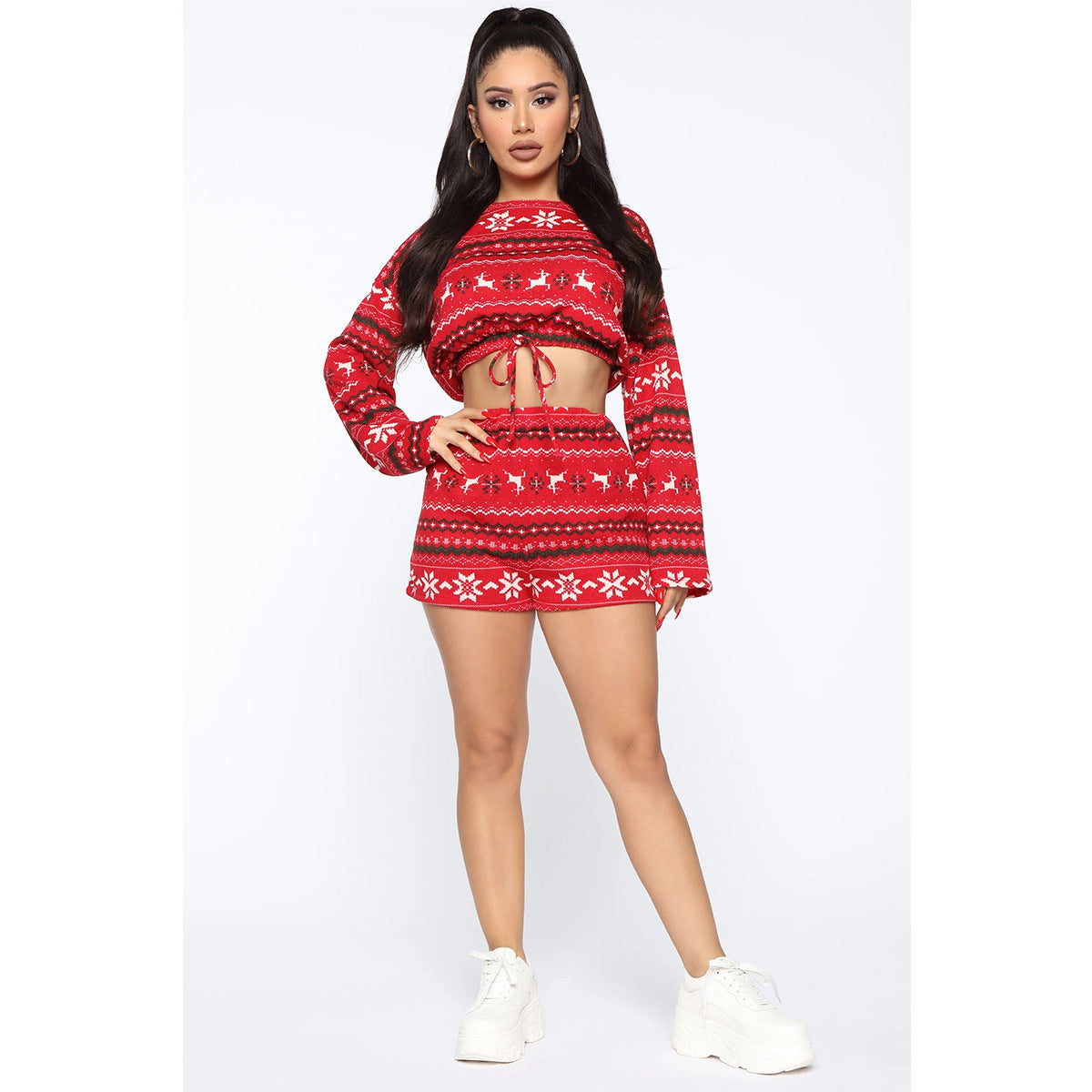 Women Christmas Pajama Sets. Long Sleeve Crop Top Shorts 2Pcs