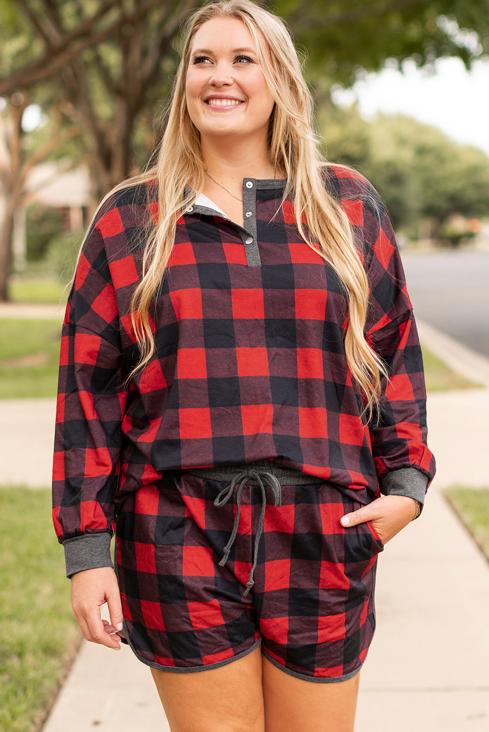 Fiery Red Christmas Buffalo Print Henley Top and Shorts Plus Size Set