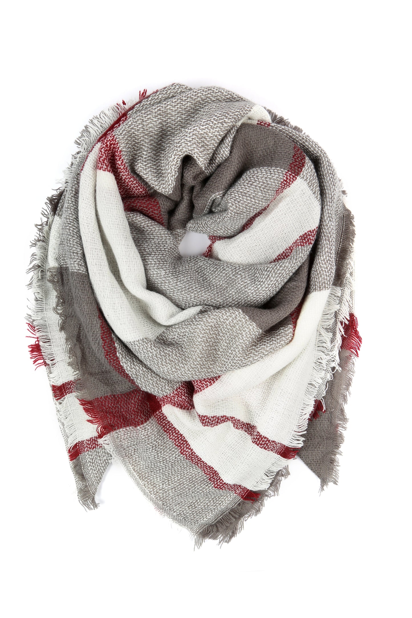 Hdf2211 - Gray Burgundy Blanket Fringe Scarf