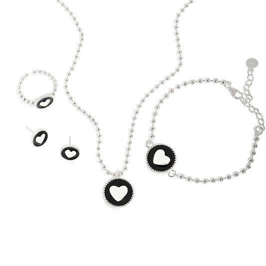 Women Heart Black Epoxy 925 Sterling Silver Necklace Ring Earrings Bracelet Jewelry Set