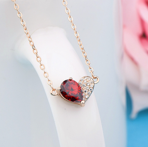 Sweet Irregular Red CZ Heart 925 Sterling Silver Necklace