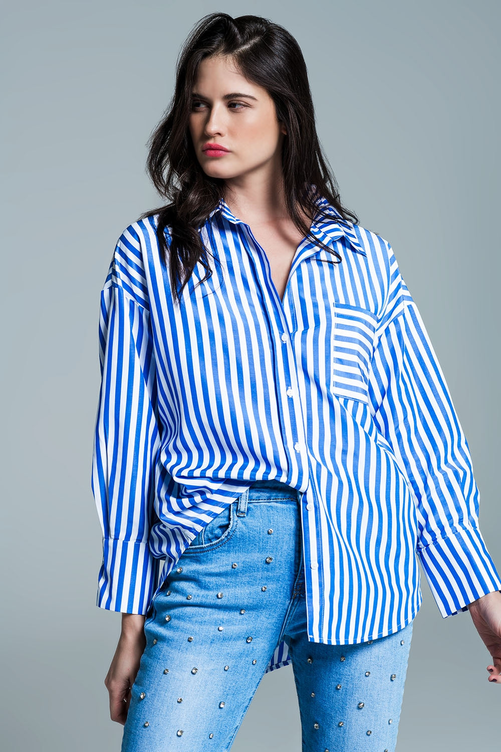 Oversized Blouse With Vertical Stripes in Blue