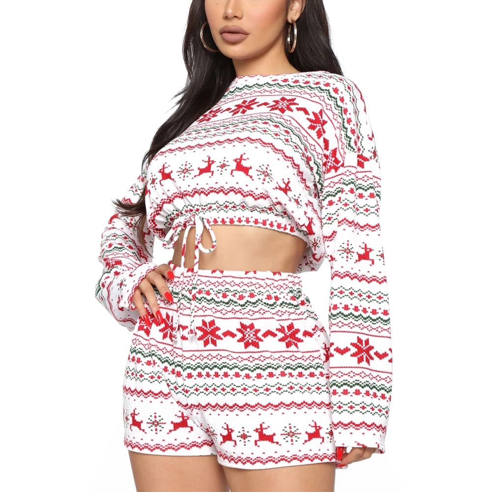 Women Christmas Pajama Sets. Long Sleeve Crop Top Shorts 2Pcs