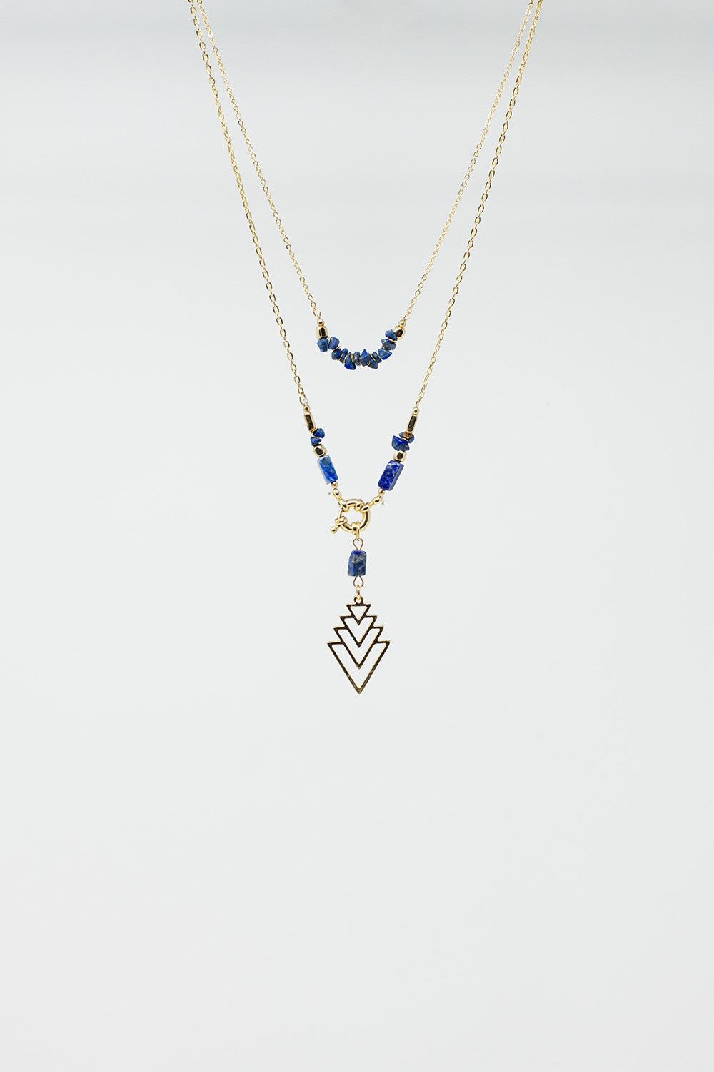 2 in 1 Long Gold Necklace With Blue Beads