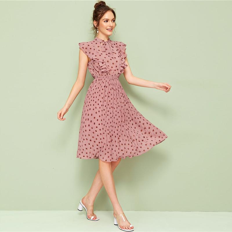 Pink Tie Neck Ruffle Trim Dot Pleated Fit and Flare Empire Dresses