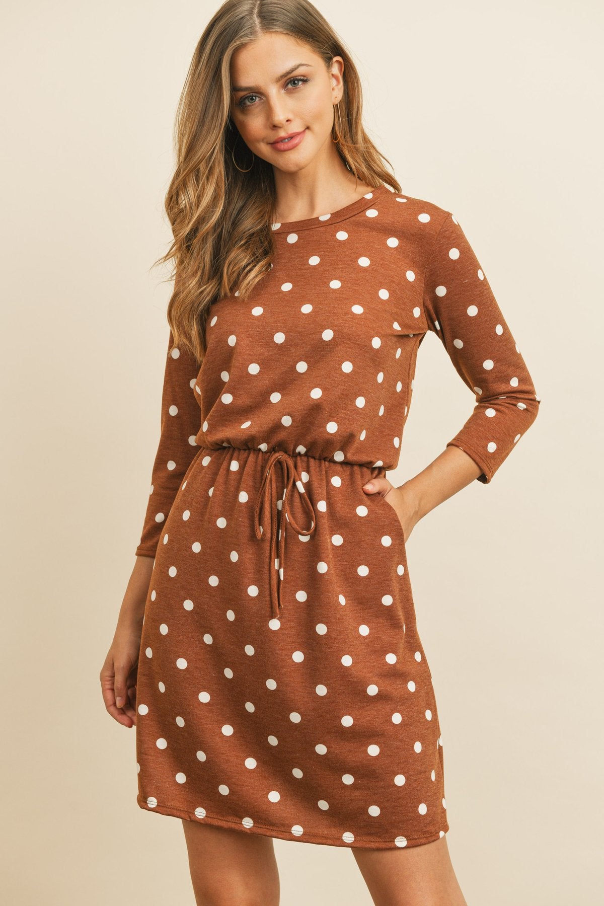 Polka Dot Print French Terry Cinch Waist Tie Front Dress With Pockets