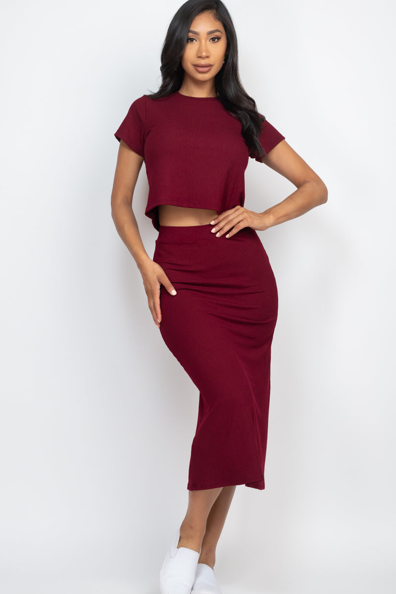 Short Sleeve Ribbed Top & Midi Skirt Set (CAPELLA)