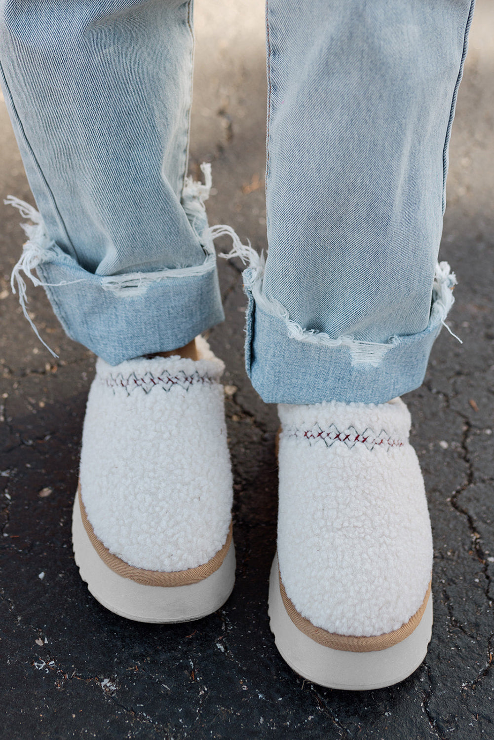 White Embroidered Sherpa Plush Thick Sole Winter Slippers