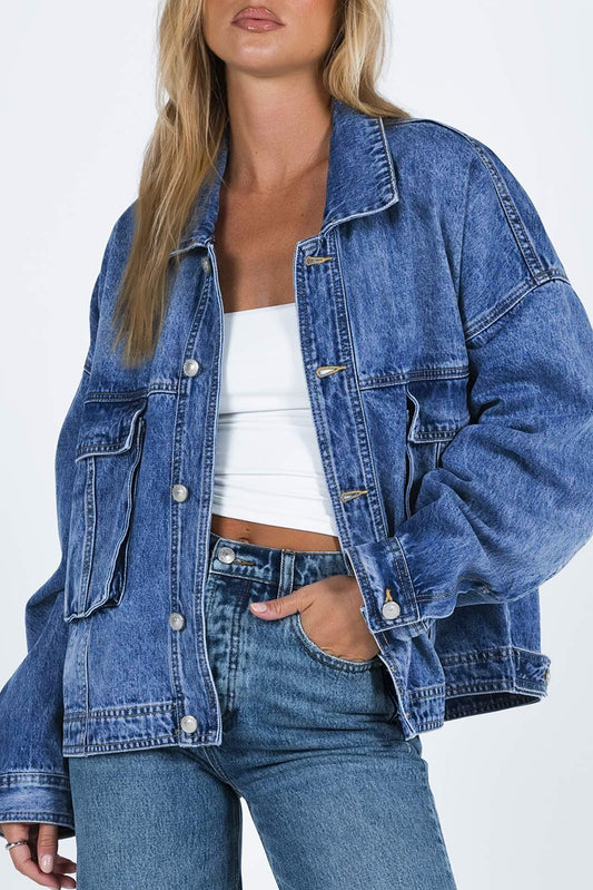 Blue Chest Pockets Drop Shoulder Loose Denim Jacket