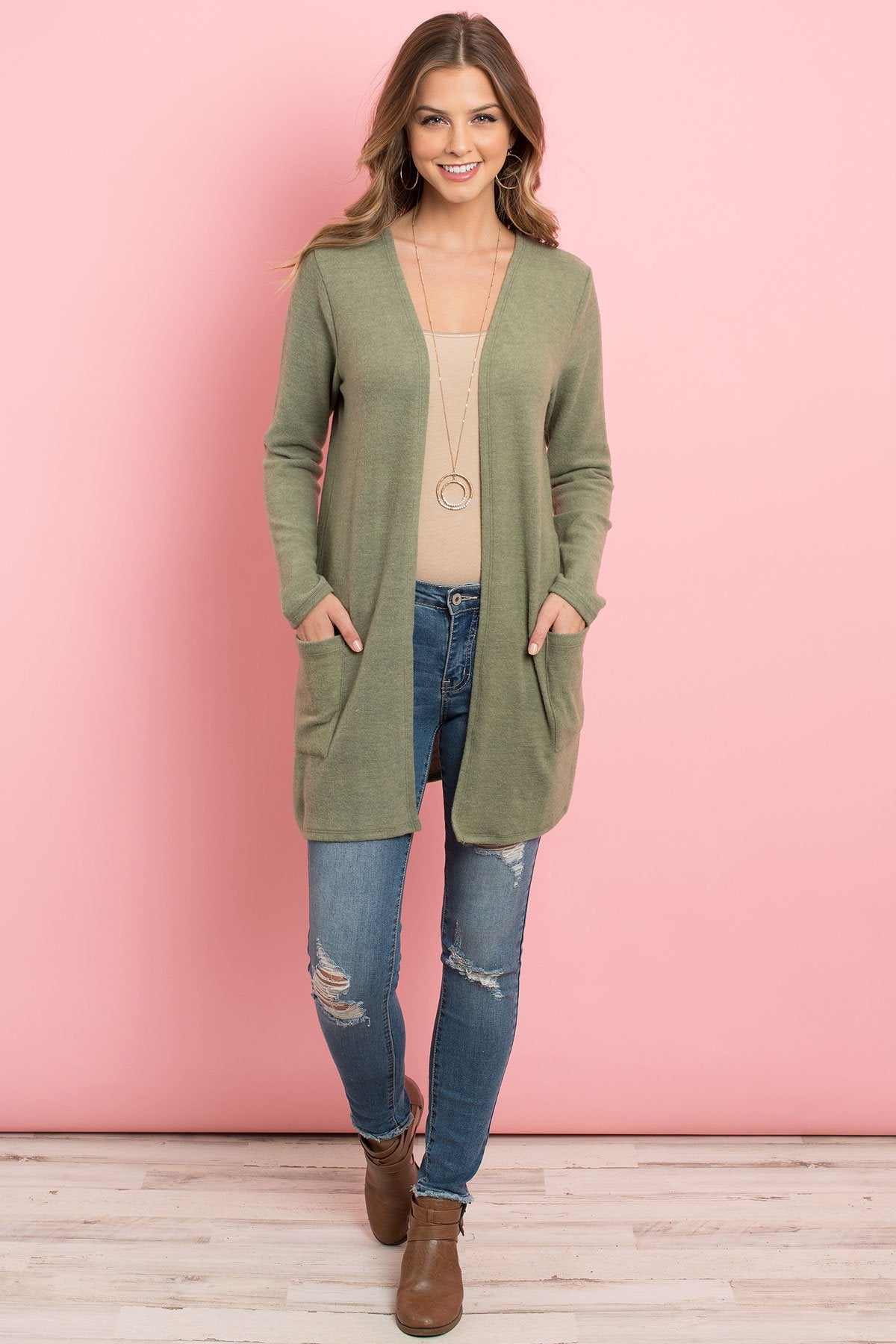 Solid Long Sleeved Open Front Pocket Cardigan