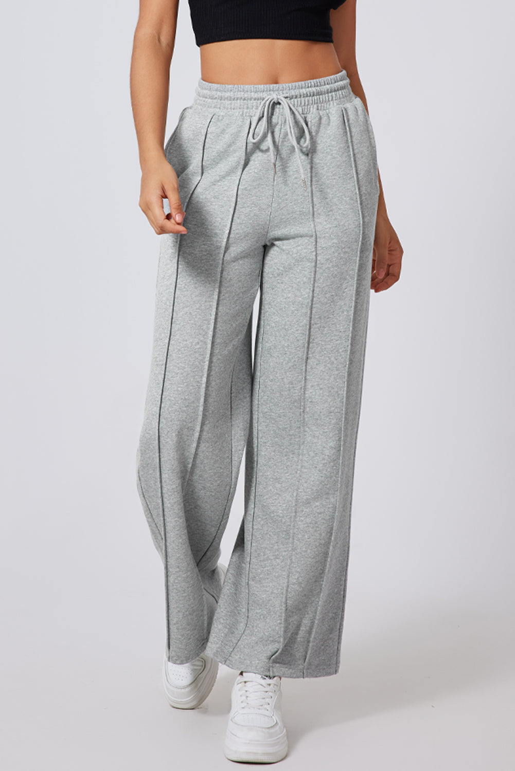 Gray Seamed Drawstring High Waist Wide Leg Sweatpants