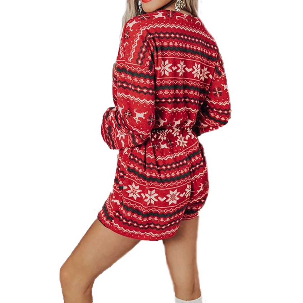 Women Christmas Pajama Sets. Long Sleeve Crop Top Shorts 2Pcs