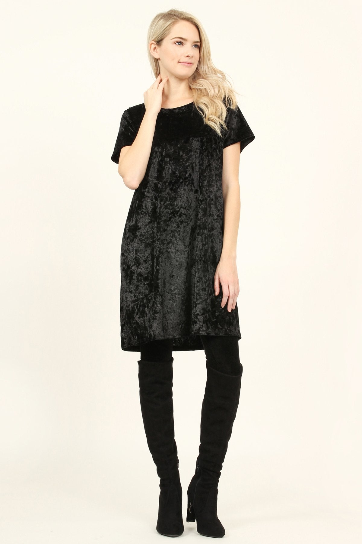 Short Sleeve Crushed Velvet Tunic Dress