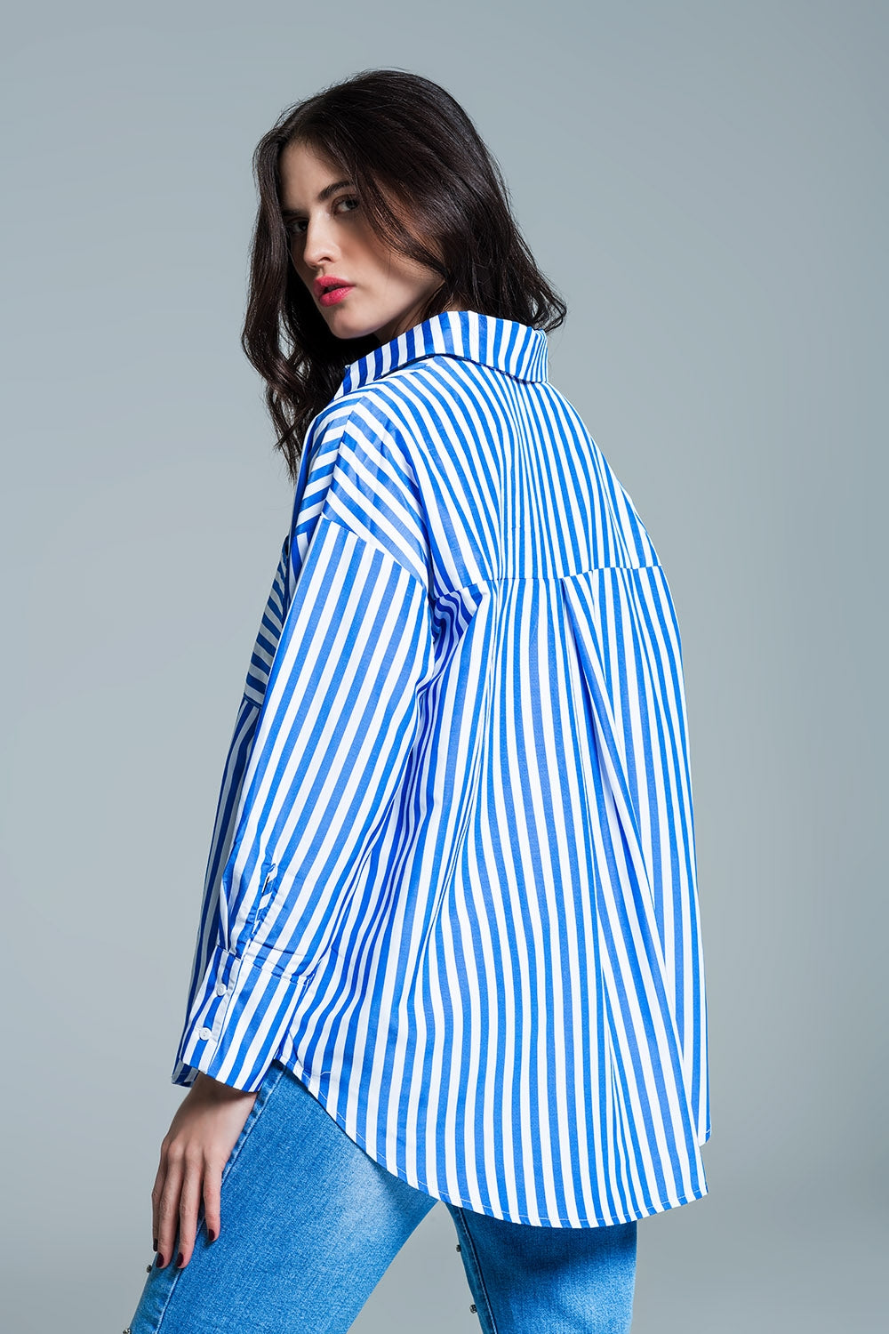 Oversized Blouse With Vertical Stripes in Blue