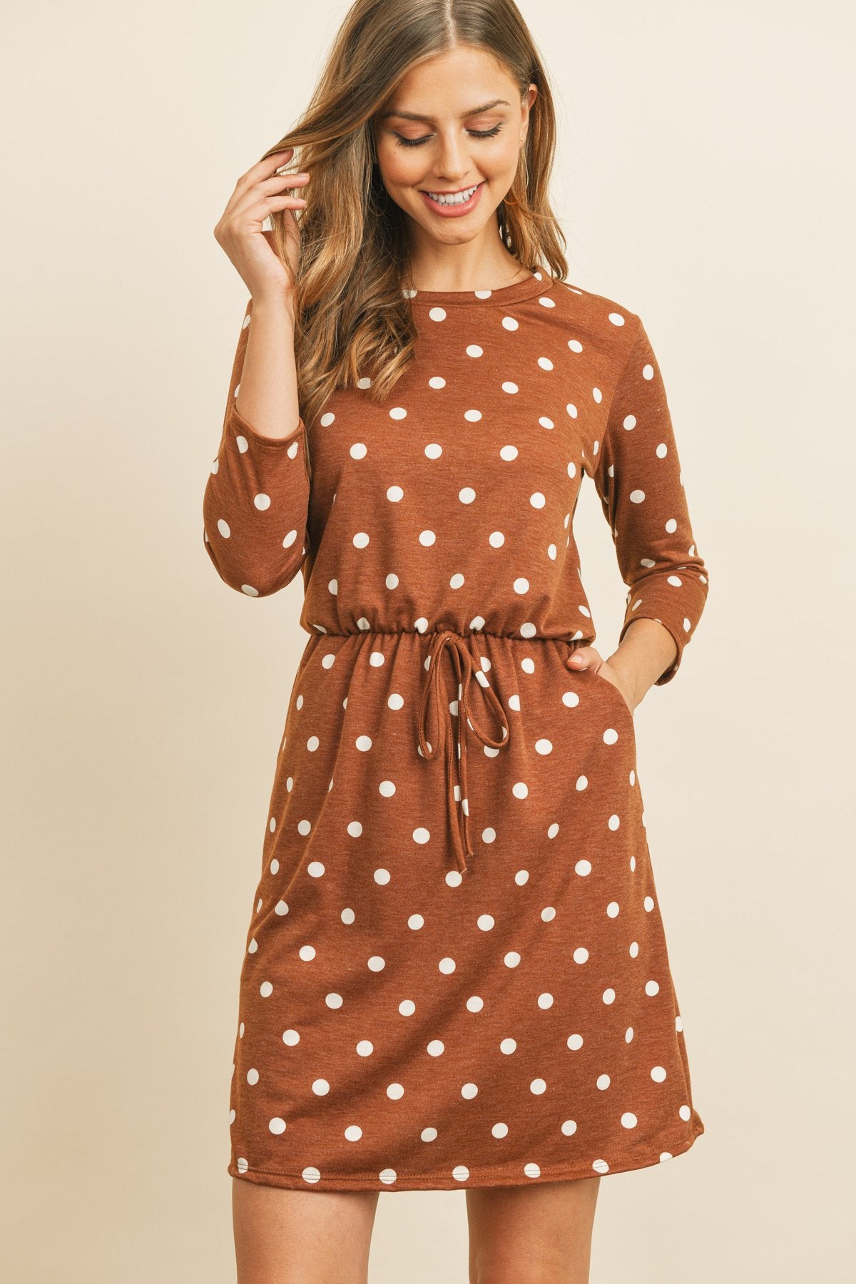 Polka Dot Print French Terry Cinch Waist Tie Front Dress With Pockets