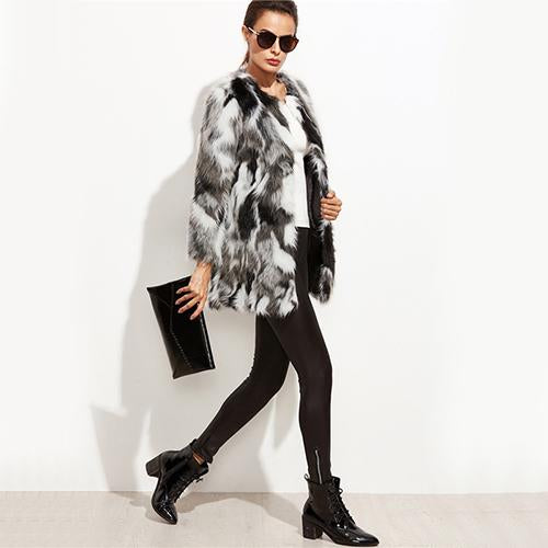 Faux Fur Fuzzy Color Block Open Front Coat