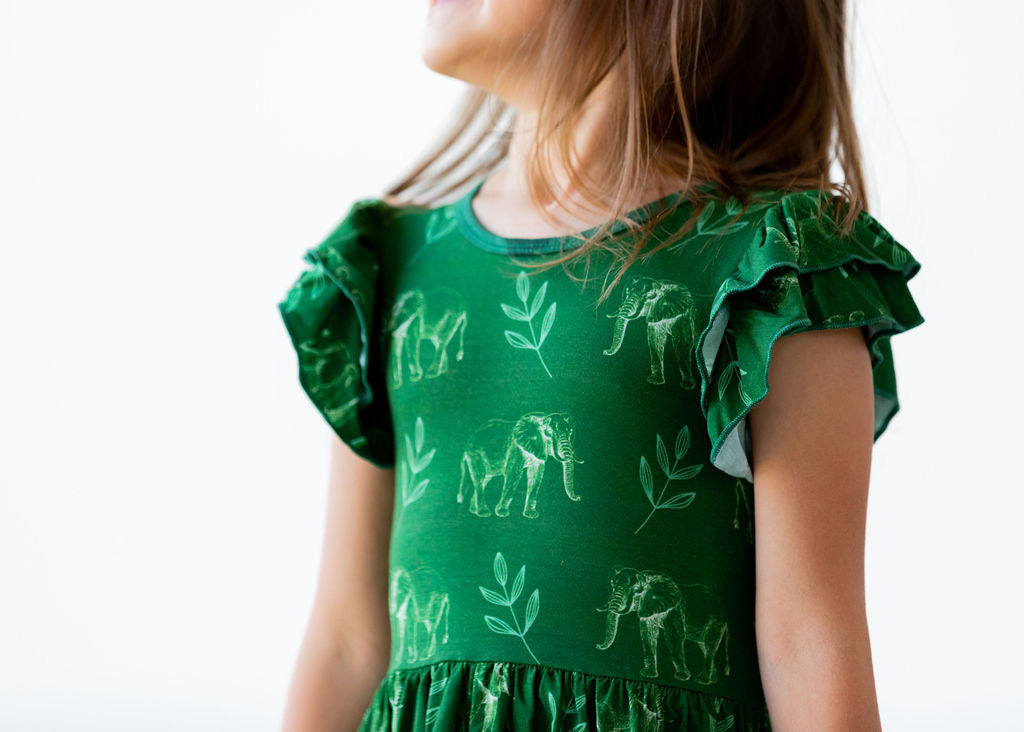 Flutter Sleeve Twirl Dress - Elephants