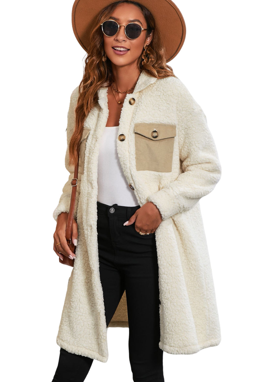 Beige Contrast Flap Pocket Single Breasted Teddy Coat