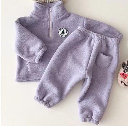 Infant and toddler clothing plush and thick casual suits for children winter high collar sweatshirt pants two pieces