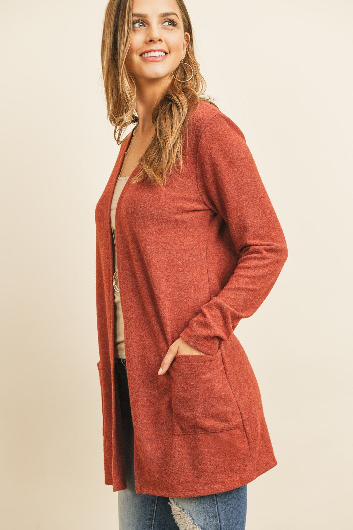 Solid Long Sleeved Open Front Pocket Cardigan