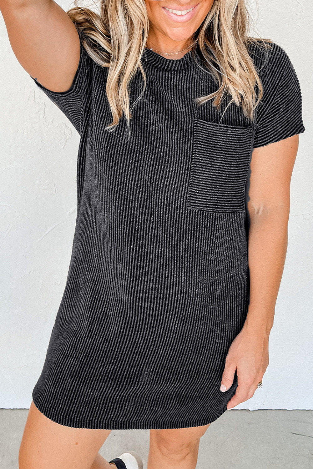 Gray Striped Ribbed Knit T-shirt Shift Dress