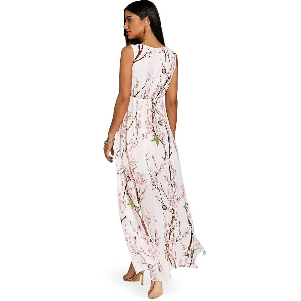 V-Neck High Slit Floral Chiffon Flowy Dress