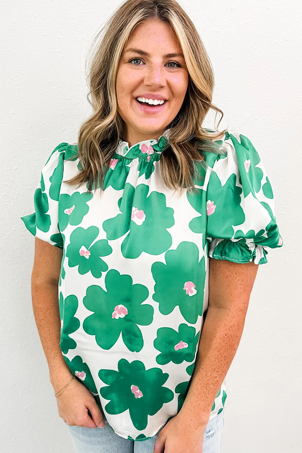 Green Floral Puff Sleeve Frill Neckline Blouse