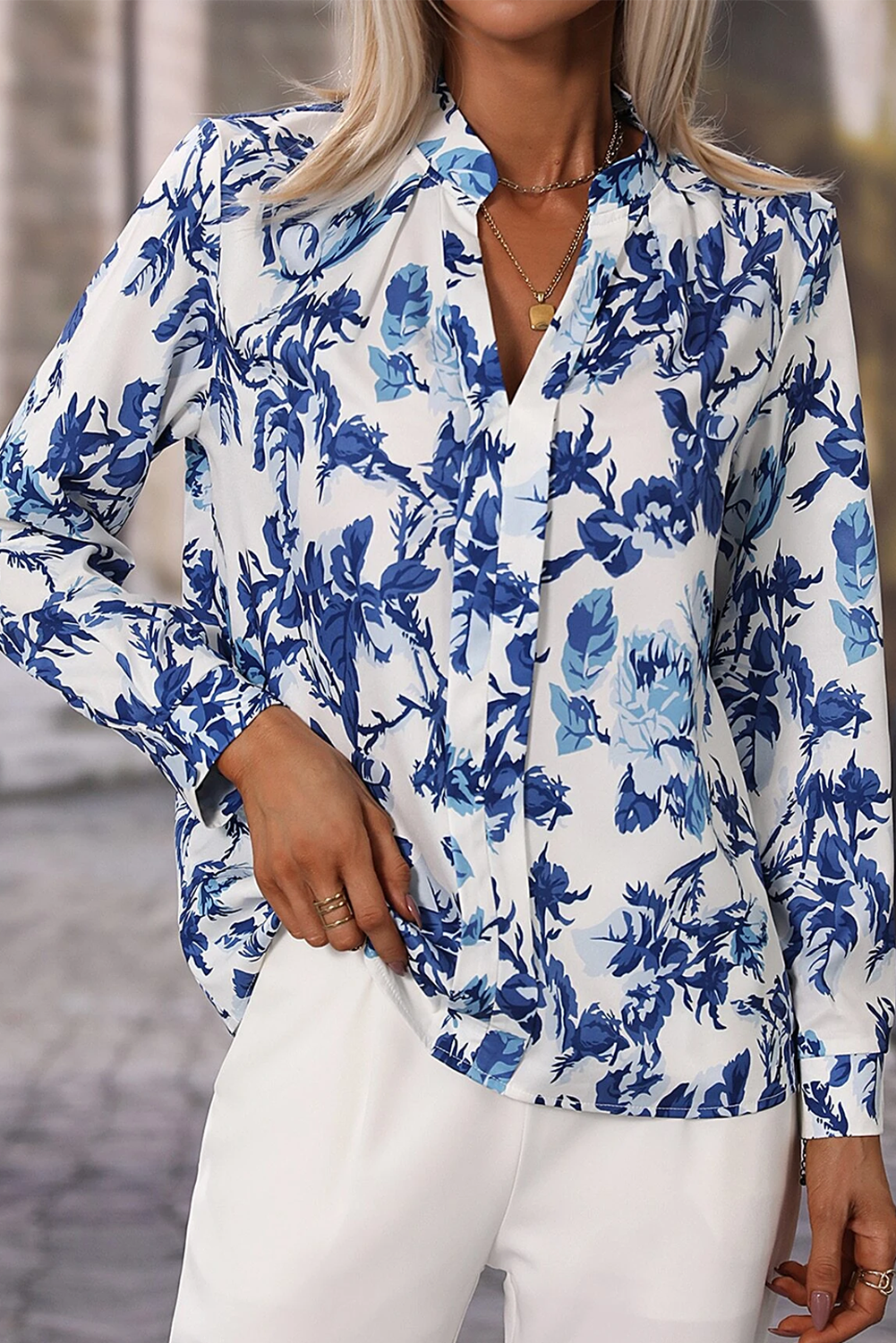 Sky Blue Floral Print Notched Neck Elegant Blouse