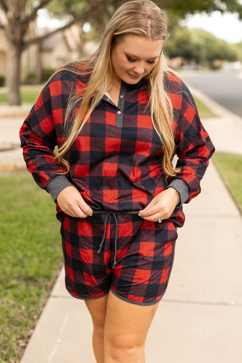 Fiery Red Christmas Buffalo Print Henley Top and Shorts Plus Size Set