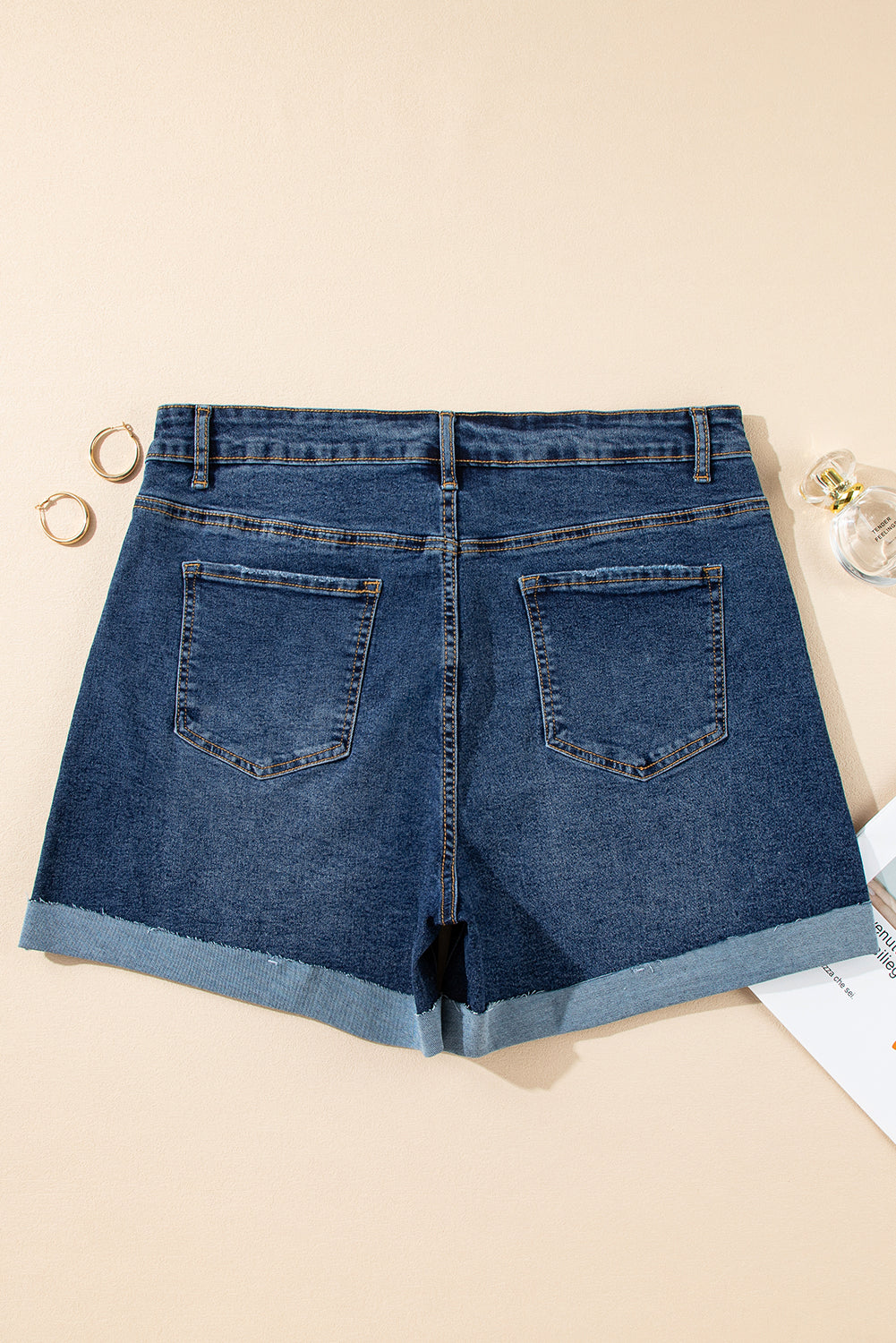 Sail Blue Folded Edge High Waist Plus Size Denim Shorts