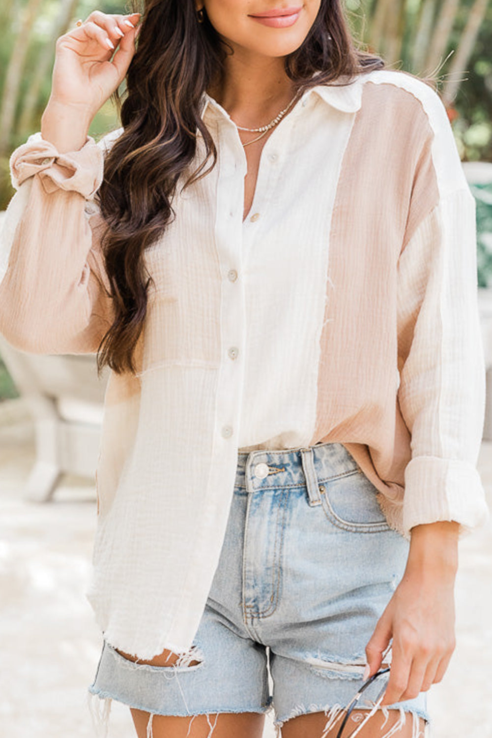 Khaki Color Block Buttoned Raw Hem Textured Shirt